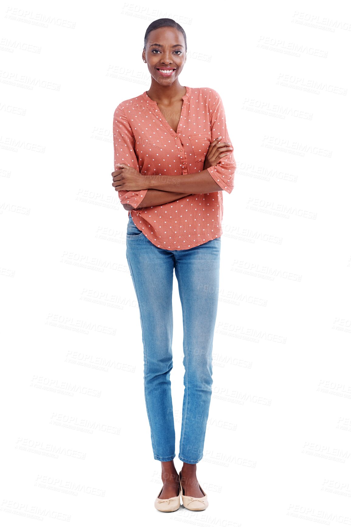 Buy stock photo Isolated black woman, arms crossed and smile in portrait, confidence and trendy fashion by transparent png background. African girl, person and happy with shirt, jeans and clothes with pride in Kenya