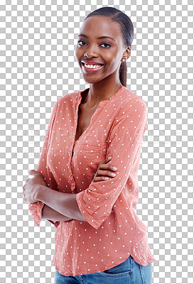 Buy stock photo Woman, portrait and fashion confidence smile for trendy style, positive mood or isolated on transparent png background. Black person, face and arms crossed happy or outfit, casual clothes or proud