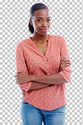 Buy stock photo Black woman, smile and arms crossed for pride, confidence and positive mindset in portrait. Happy female person, face and cool clothing or vision, fashion and isolated on transparent png background