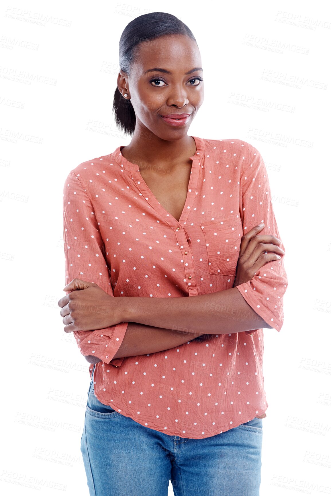 Buy stock photo Black woman, smile and arms crossed for pride, confidence and positive mindset in portrait. Happy female person, face and cool clothing or vision, fashion and isolated on transparent png background