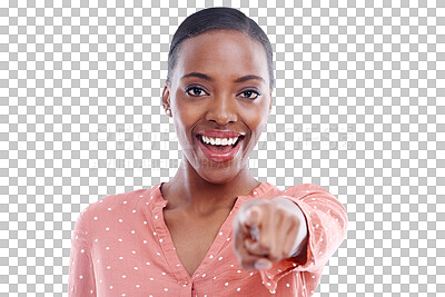 Buy stock photo Portrait, smile and a black woman pointing to you as her choice isolated on transparent background for decision. Face, selection and a happy young person on PNG to vote, review or give feedback