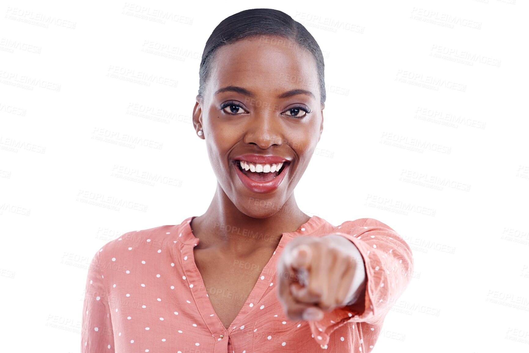 Buy stock photo Portrait, smile and a black woman pointing to you as her choice isolated on transparent background for decision. Face, selection and a happy young person on PNG to vote, review or give feedback