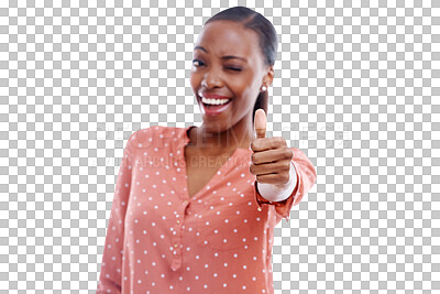 Buy stock photo Woman, thumbs up and wink or smile in portrait, yes and success or review, vote and emoji or icon. Happy black person, sign and thank you or support, like and isolated on transparent png background