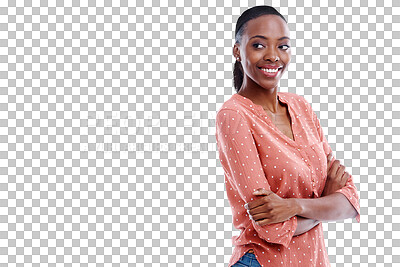 Buy stock photo Woman, fashion and thinking smile for trendy style, positive mood or isolated on transparent png background. Black person, arms crossed and happy joyful for outfit, casual clothes or proud confidence