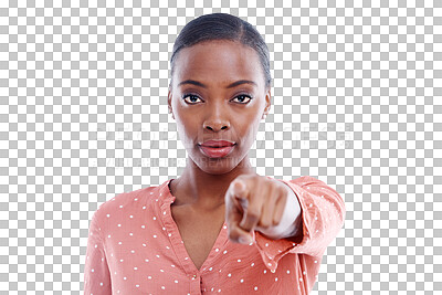 Buy stock photo Pointing, serious and portrait of young black woman looking for selection, vote or nominate. Choice, decision and African model with accountability isolated by transparent png background.