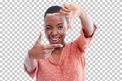 Buy stock photo Portrait, photography and finger frame with a black woman isolated on a transparent background to measure size. Face, hands and framing with a happy young photographer on PNG for a picture view