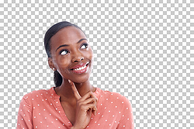 Buy stock photo Black woman, thinking and smile for vision, planning and idea or isolated on transparent png background. Happy female person, insight and brainstorming or inspiration, start up and entrepreneur