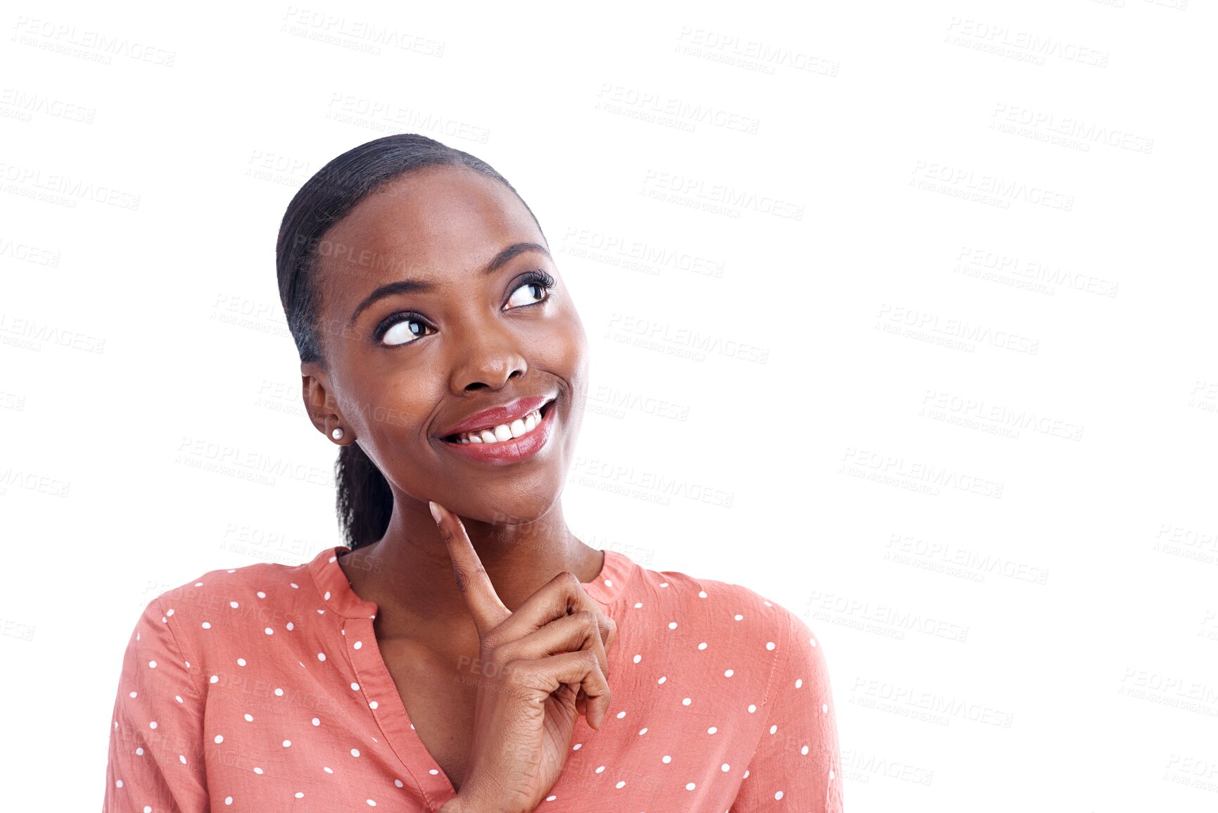 Buy stock photo Black woman, thinking and smile for vision, planning and idea or isolated on transparent png background. Happy female person, insight and brainstorming or inspiration, start up and entrepreneur