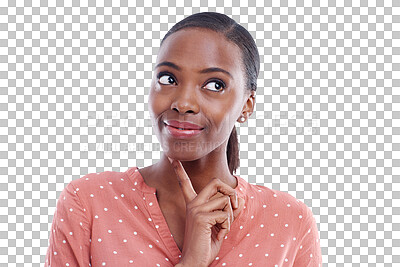 Buy stock photo Black woman, thinking and smile for idea, vision and planning or isolated on transparent png background. Happy female person, insight and brainstorming or inspiration, start up and entrepreneur