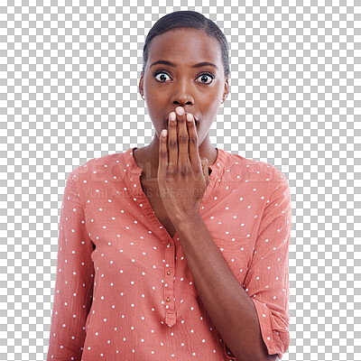 Buy stock photo Woman, shock and what for secret, gossip and rumor or isolated on transparent png background. Black female person, surprise and emoji or omg, wtf and drama in portrait, huh and did you know or face