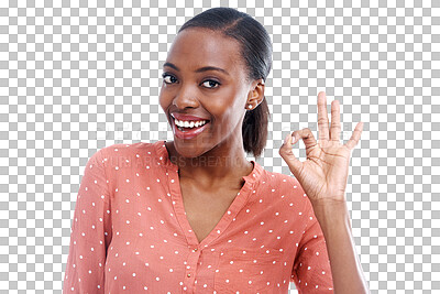 Buy stock photo Woman, ok sign and agree or smile in portrait, yes and success or review, vote and emoji or icon. Happy black person, promote and thank you or support, like and isolated on transparent png background