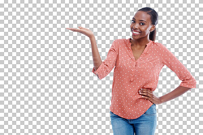 Buy stock photo Portrait, happy black woman or hand for offer, announcement or advertising on png background. Transparent, palm or African person isolated to show marketing of promotion, commercial news or review