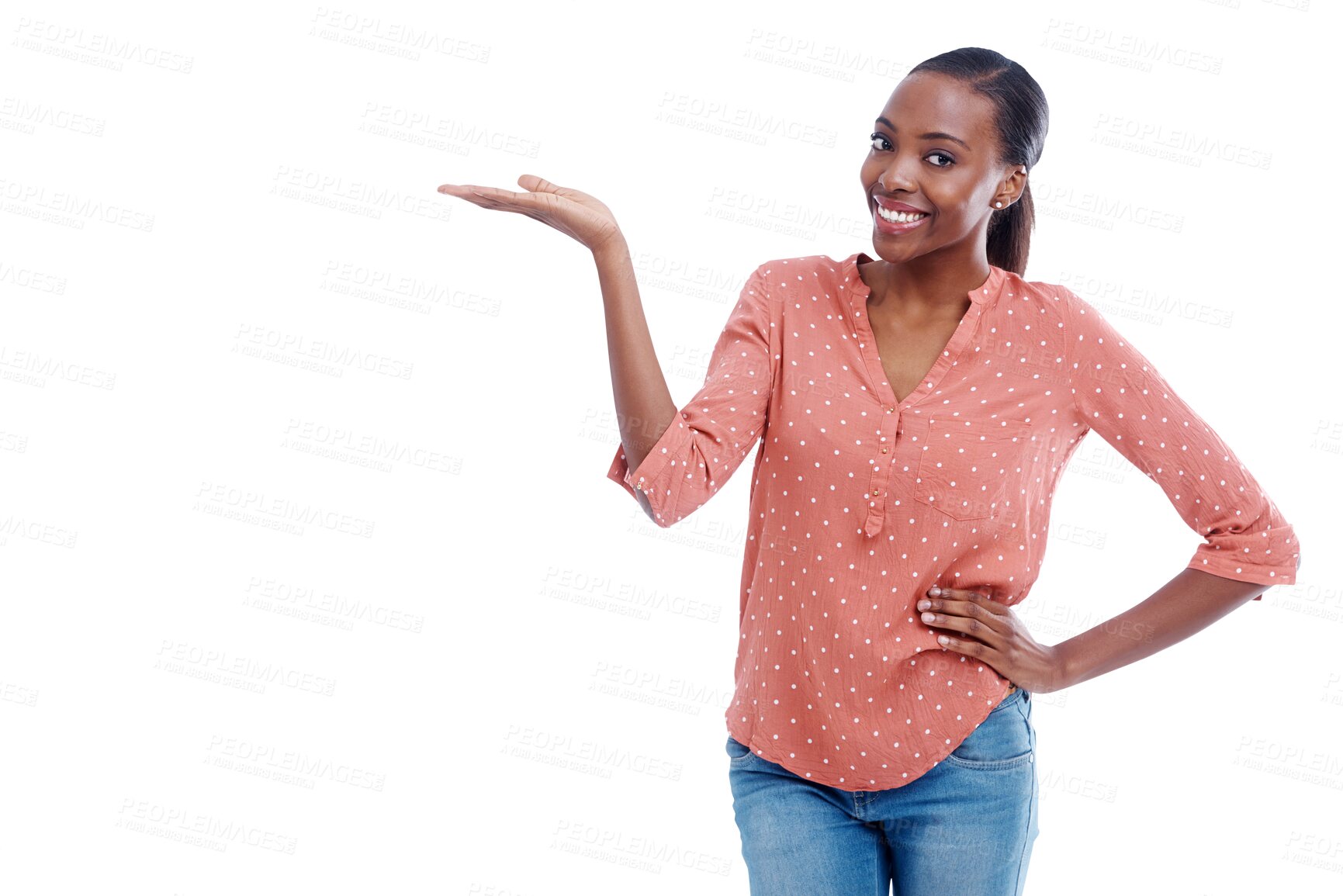 Buy stock photo Portrait, happy black woman or hand for offer, announcement or advertising on png background. Transparent, palm or African person isolated to show marketing of promotion, commercial news or review