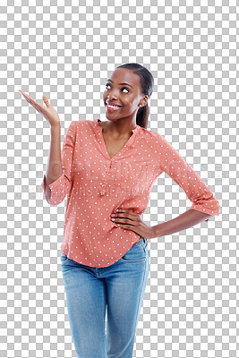 Buy stock photo Presentation, black woman or hand for offer, announcement or advertising ideas on png background. Transparent, palm or African lady isolated to show marketing of promotion, commercial news or review