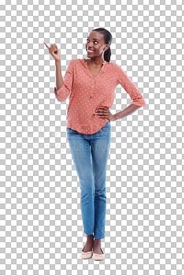 Buy stock photo Happy, black woman or pointing up to offer, announcement or advertising choice on png background. Transparent, list or African lady isolated to show marketing of promotion, commercial news or review