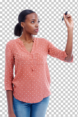 Buy stock photo Isolated woman, vision and pen for writing, thinking and brainstorming for ideas by transparent png background. African student, planning and notes for problem solving, solution or strategy for study