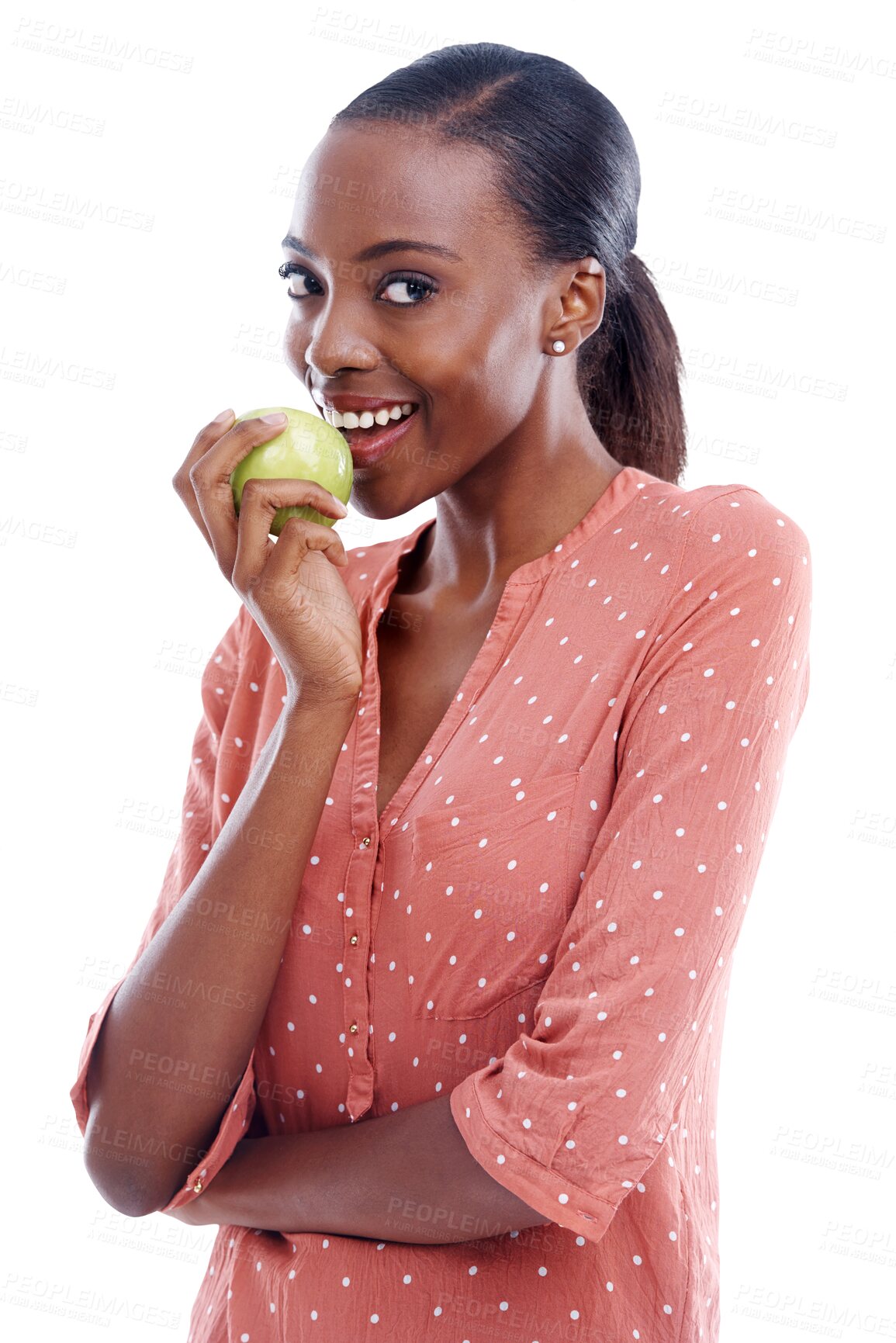 Buy stock photo Isolated black woman, apple and happy in portrait, diet or nutrition by transparent png background. African girl, green fruit and smile for vegan food, detox or face for health, wellness or fashion