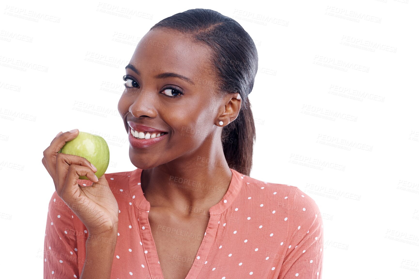 Buy stock photo Black woman, apple and happy in portrait, diet or nutrition by transparent png background. Isolated African girl, sustainable fruit or smile for vegan food, detox or face for health, pride and choice