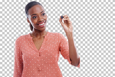 Buy stock photo Isolated woman, thinking and pen for writing, planning and brainstorming for ideas by transparent png background. African student, vision and happy for problem solving, solution or strategy for study