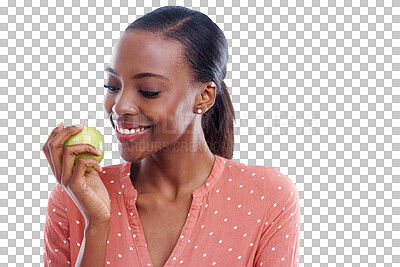 Buy stock photo Isolated black woman, apple or happy for thinking, diet or nutrition by transparent png background. African girl, sustainable fruit or smile for vegan food, detox or face for health, wellness or idea