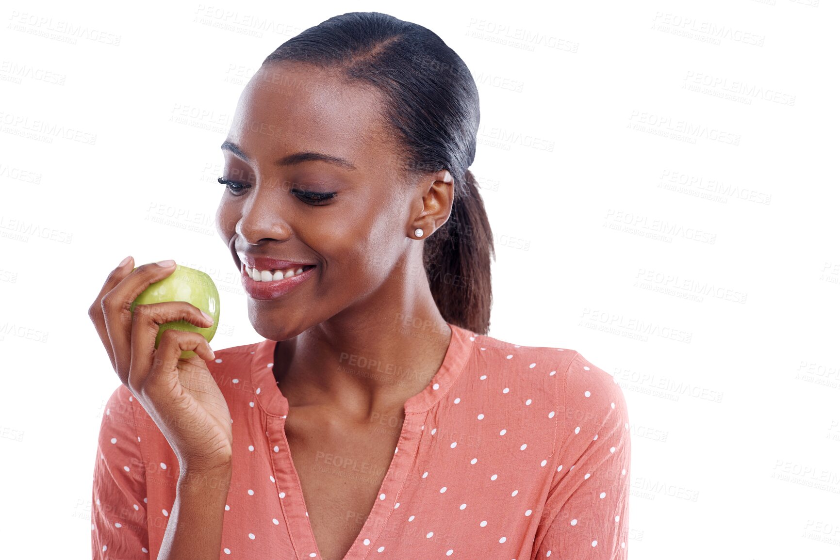 Buy stock photo Isolated black woman, apple or happy for thinking, diet or nutrition by transparent png background. African girl, sustainable fruit or smile for vegan food, detox or face for health, wellness or idea