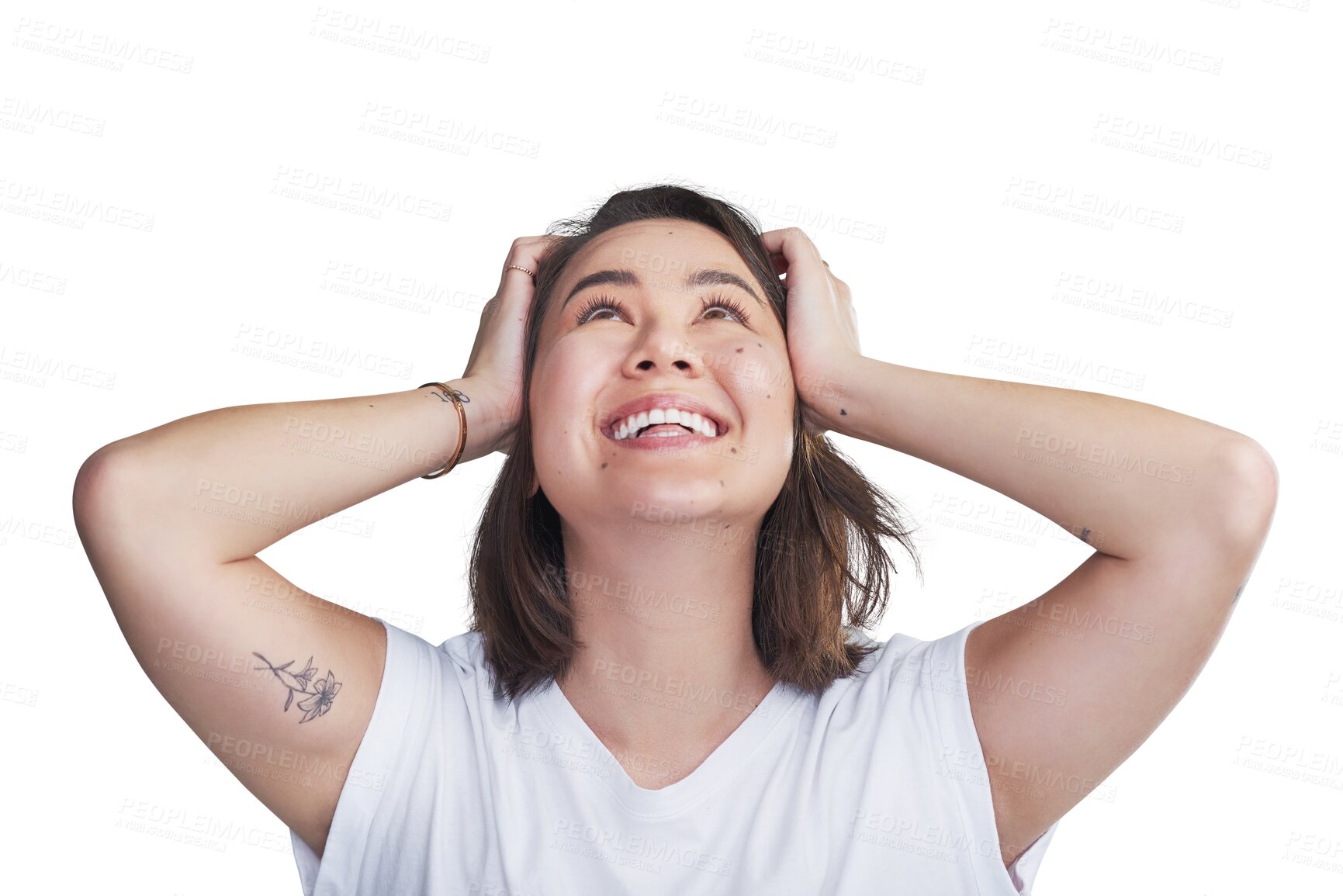 Buy stock photo Happy woman, surprise and wow for winning, luck or good news isolated on a transparent PNG background. Face of young female person or model smile in shock or relief for deal, sale or promotion