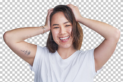 Buy stock photo Woman, confidence and smile in portrait, fashion and casual or isolated on transparent png background. Asian female person, face and happy for beauty, wellness and health or pride, positive and glow