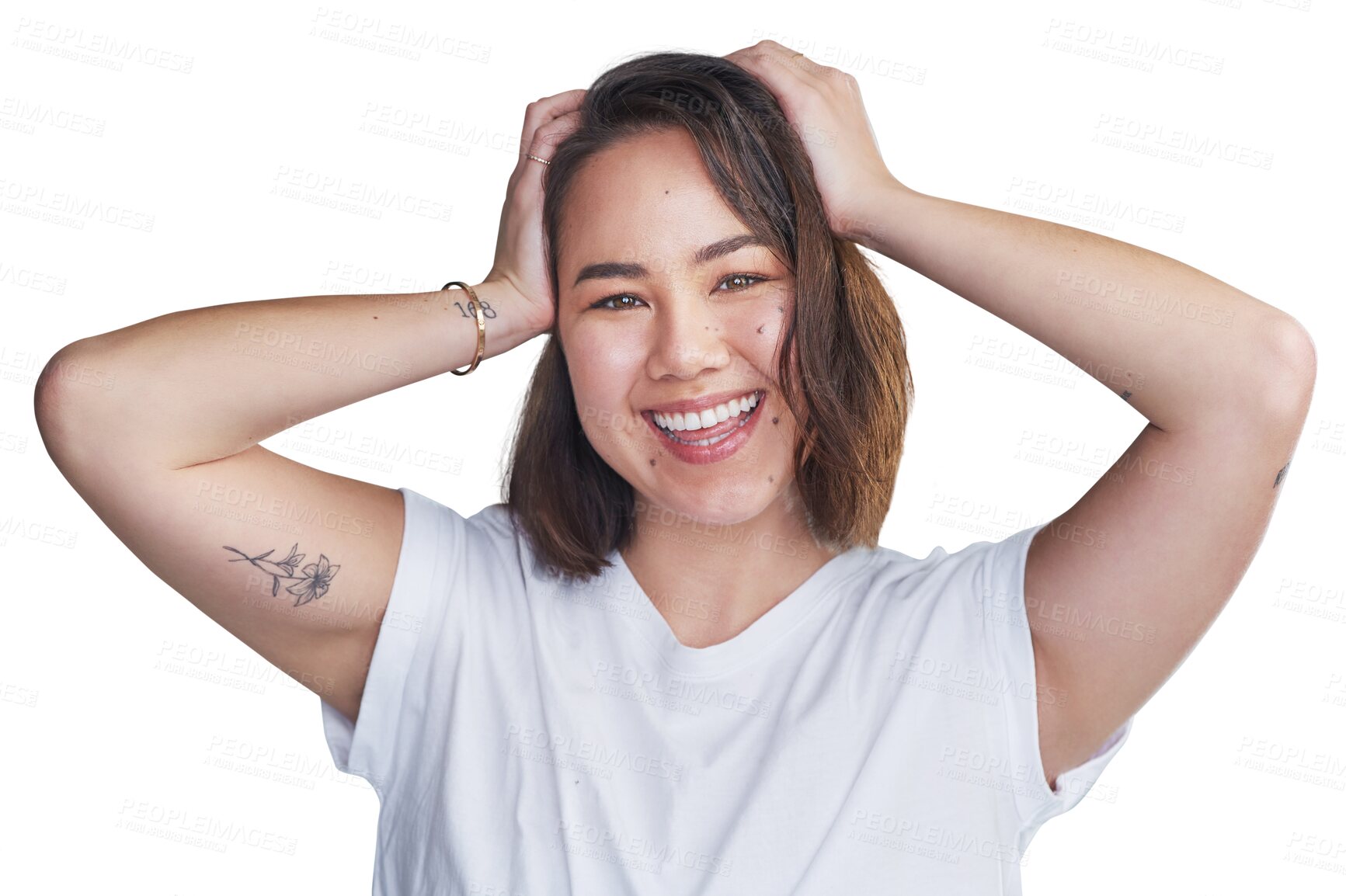 Buy stock photo Woman, confidence and smile in portrait, fashion and casual or isolated on transparent png background. Asian female person, face and happy for beauty, wellness and health or pride, positive and glow