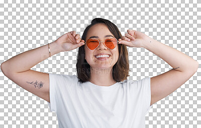 Buy stock photo Woman, portrait and happy with sunglasses or hands with designer eyewear isolated on png transparent background. Person, face or smile with shades, beauty or confidence for accessory or summer style