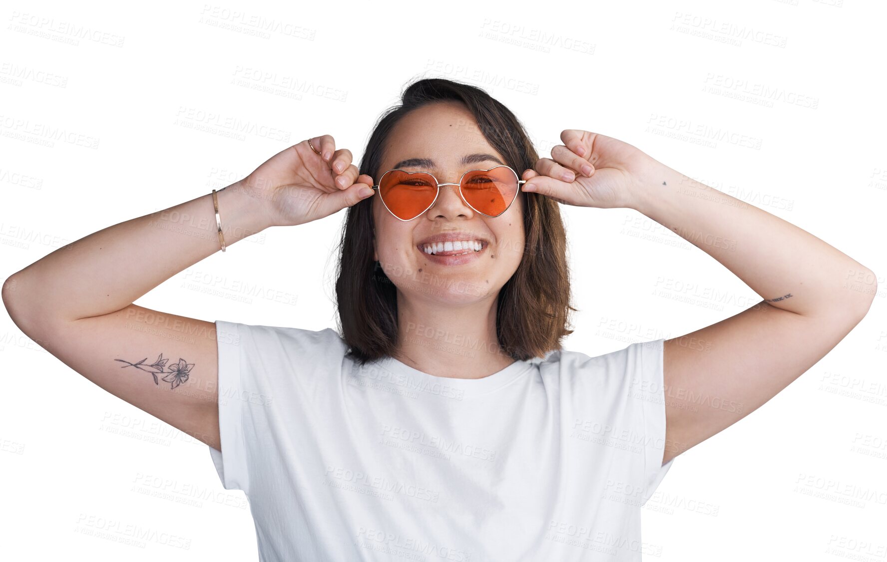 Buy stock photo Woman, portrait and happy with sunglasses or hands with designer eyewear isolated on png transparent background. Person, face or smile with shades, beauty or confidence for accessory or summer style