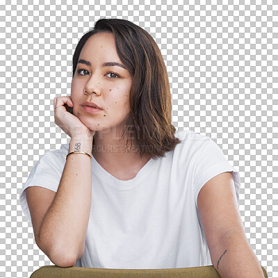 Buy stock photo Woman, portrait or serious and fashion, hand or casual style for cosmetics isolated on png transparent background. Person, face or beauty with glow skin, confidence or pride for skincare and wellness