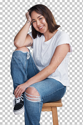 Buy stock photo Woman, portrait or happy and fashion, sitting or casual style for cosmetics isolated on png transparent background. Person, face or smile with glow skin, confidence or pride for skincare and wellness