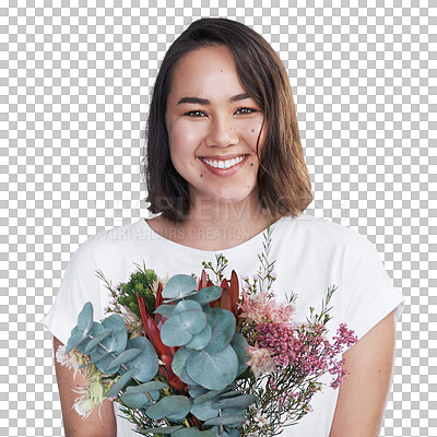 Buy stock photo Portrait, flowers and smile with woman, bouquet and happiness isolated on a transparent background. Face, person and model with beauty, cheerful and png with joy, natural gift and present with plants