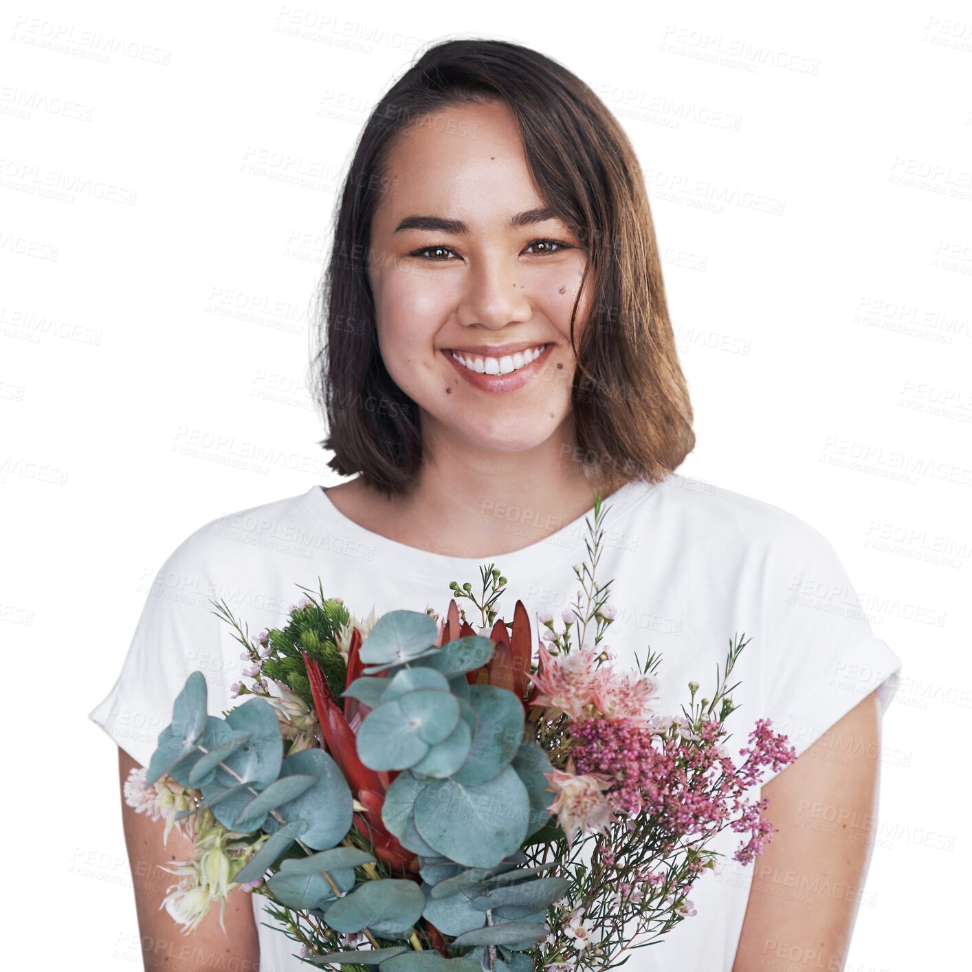 Buy stock photo Portrait, flowers and smile with woman, bouquet and happiness isolated on a transparent background. Face, person and model with beauty, cheerful and png with joy, natural gift and present with plants