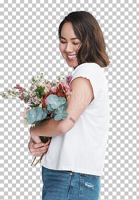 Buy stock photo Smile, woman and bouquet of flowers, gift to celebrate international womens day or holiday event. Happy Asian person, floral present and natural fresh plant isolated on a transparent png background