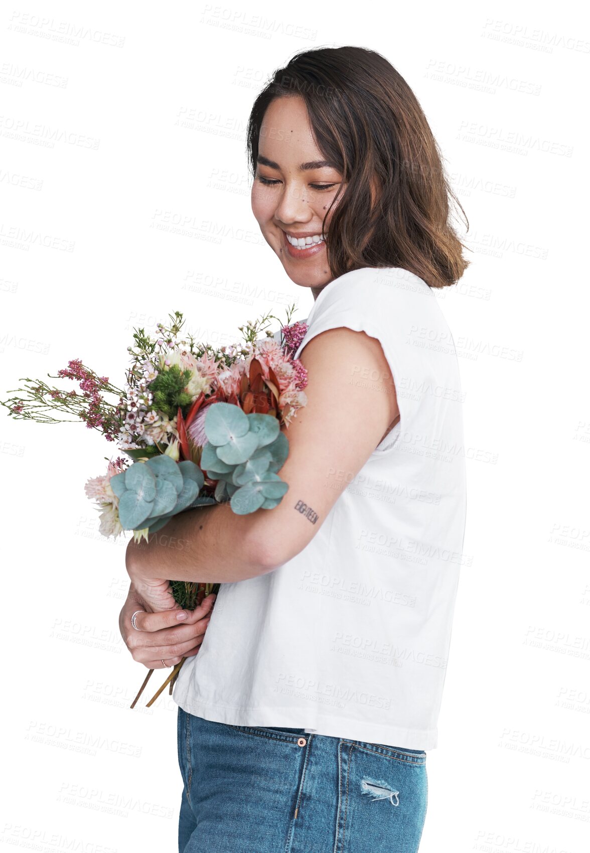 Buy stock photo Smile, woman and bouquet of flowers, gift to celebrate international womens day or holiday event. Happy Asian person, floral present and natural fresh plant isolated on a transparent png background