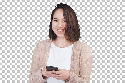 Buy stock photo Portrait, smile and phone for social media with an asian woman isolated on a transparent background. Mobile app, communication and networking with a happy young person typing a text message on PNG