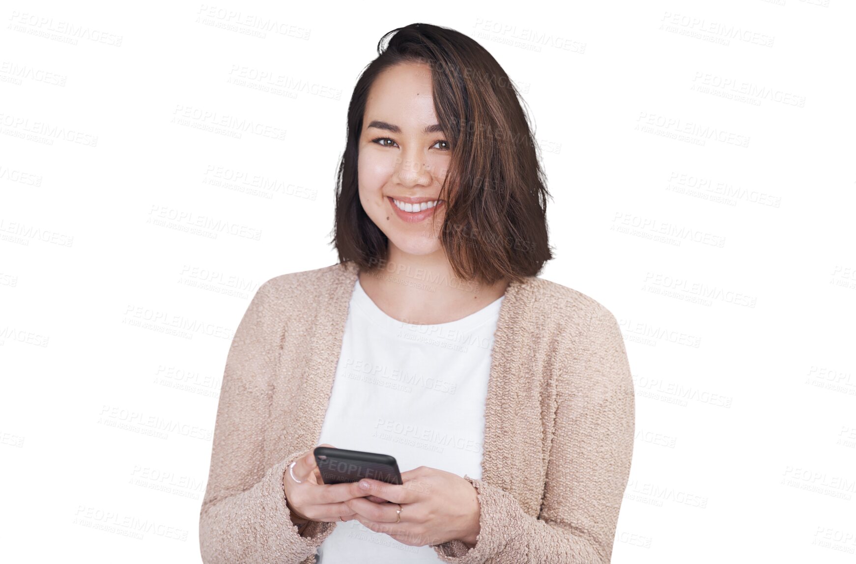 Buy stock photo Portrait, smile and phone for social media with an asian woman isolated on a transparent background. Mobile app, communication and networking with a happy young person typing a text message on PNG