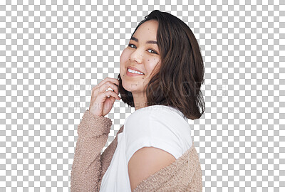 Buy stock photo Woman, portrait or happy with fashion, beauty or casual style for cosmetics isolated on png transparent background. Person, face or smile with glow skin, confidence or pride for skincare and wellness