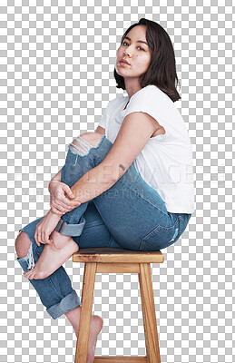 Buy stock photo Woman, portrait or serious and fashion, sitting or casual style for cosmetics isolated on png transparent background. Person, face or trendy and edgy, confidence or pride for skincare and wellness