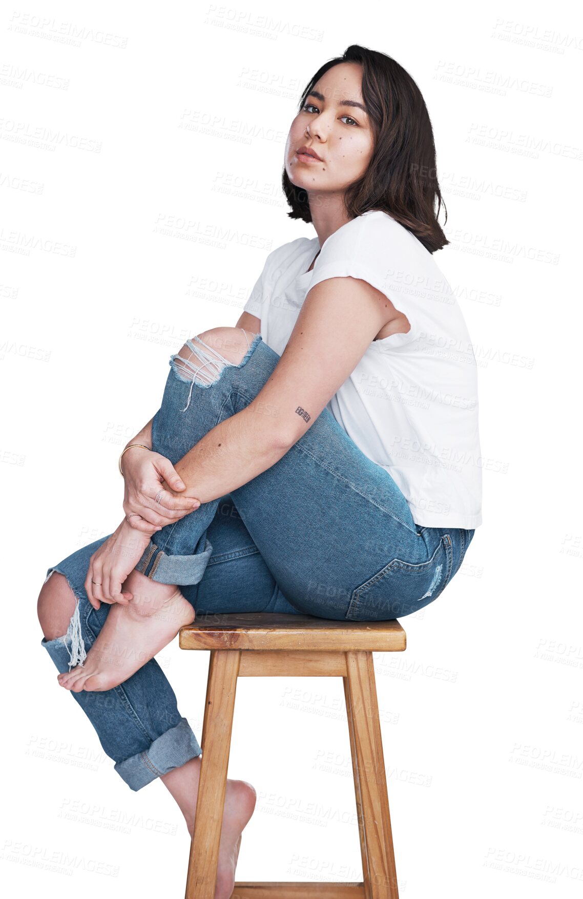 Buy stock photo Woman, portrait or serious and fashion, sitting or casual style for cosmetics isolated on png transparent background. Person, face or trendy and edgy, confidence or pride for skincare and wellness