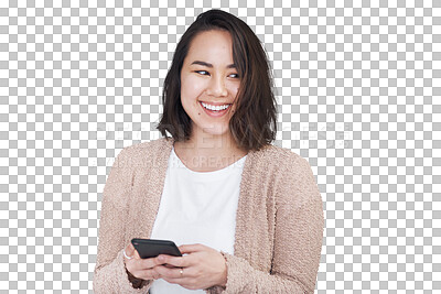 Buy stock photo Happiness, smile and woman with a smartphone, typing and connection isolated on transparent background. Person, girl or model with a cellphone, search internet and mobile user with png or digital app