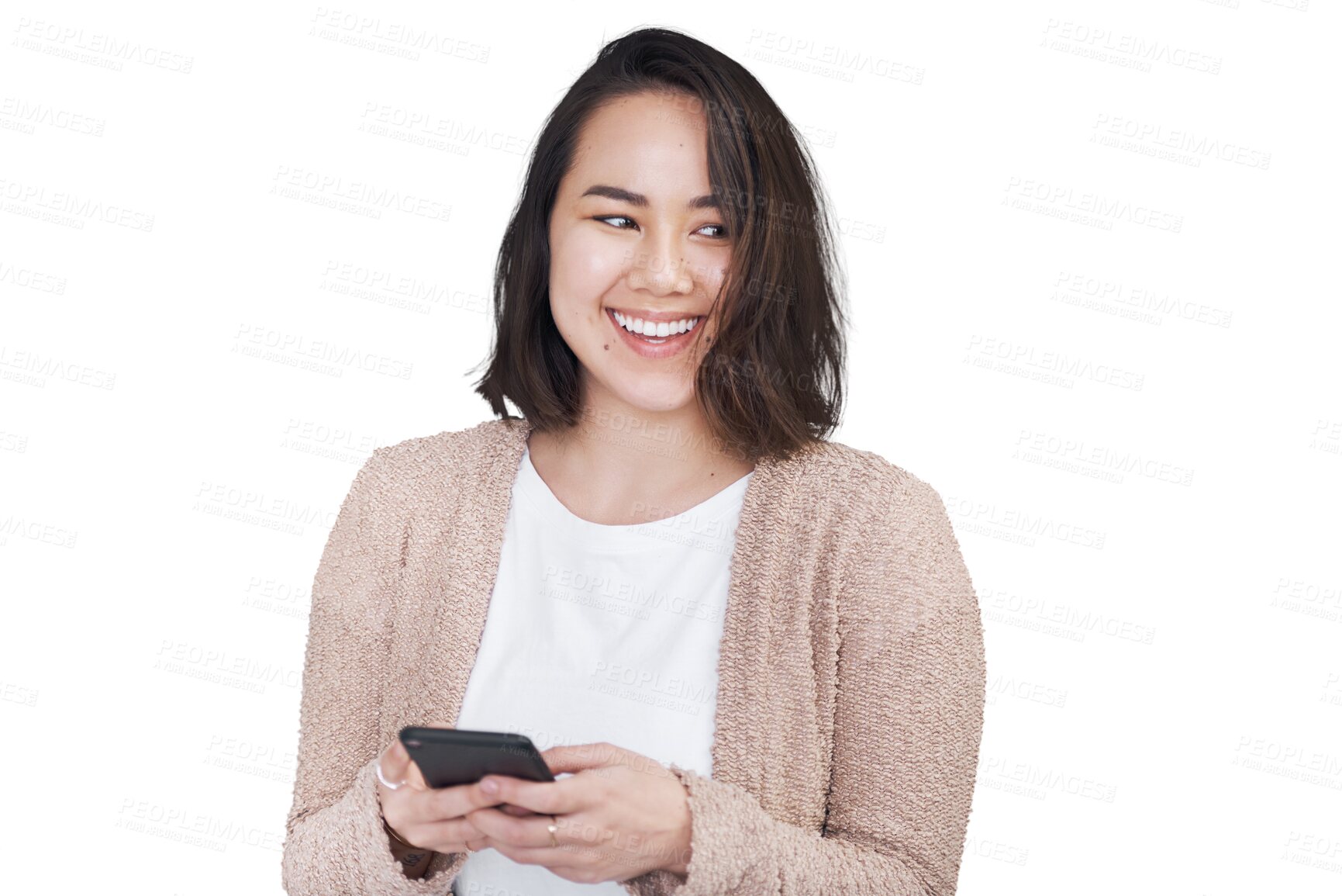 Buy stock photo Happiness, smile and woman with a smartphone, typing and connection isolated on transparent background. Person, girl or model with a cellphone, search internet and mobile user with png or digital app