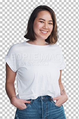 Buy stock photo Woman, portrait or smile with fashion, beauty or casual style for cosmetics isolated on png transparent background. Person, face or happy with glow skin, confidence or pride for skincare and wellness