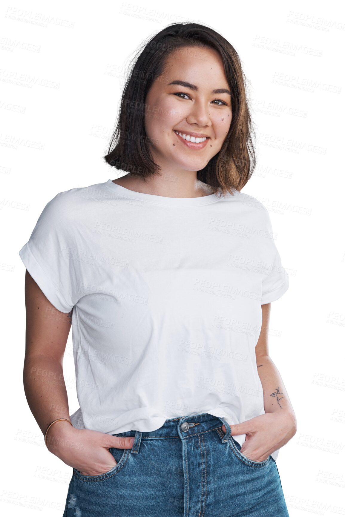 Buy stock photo Woman, portrait or smile with fashion, beauty or casual style for cosmetics isolated on png transparent background. Person, face or happy with glow skin, confidence or pride for skincare and wellness