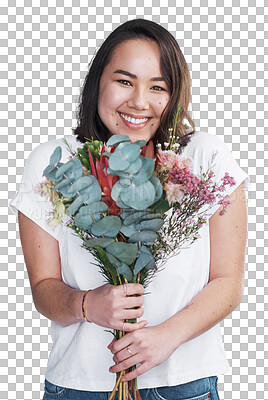 Buy stock photo Portrait, flowers and happiness with woman, bouquet and cheerful isolated on a transparent background. Face, person and model with beauty, smile and png with joy, natural gift and present with plants