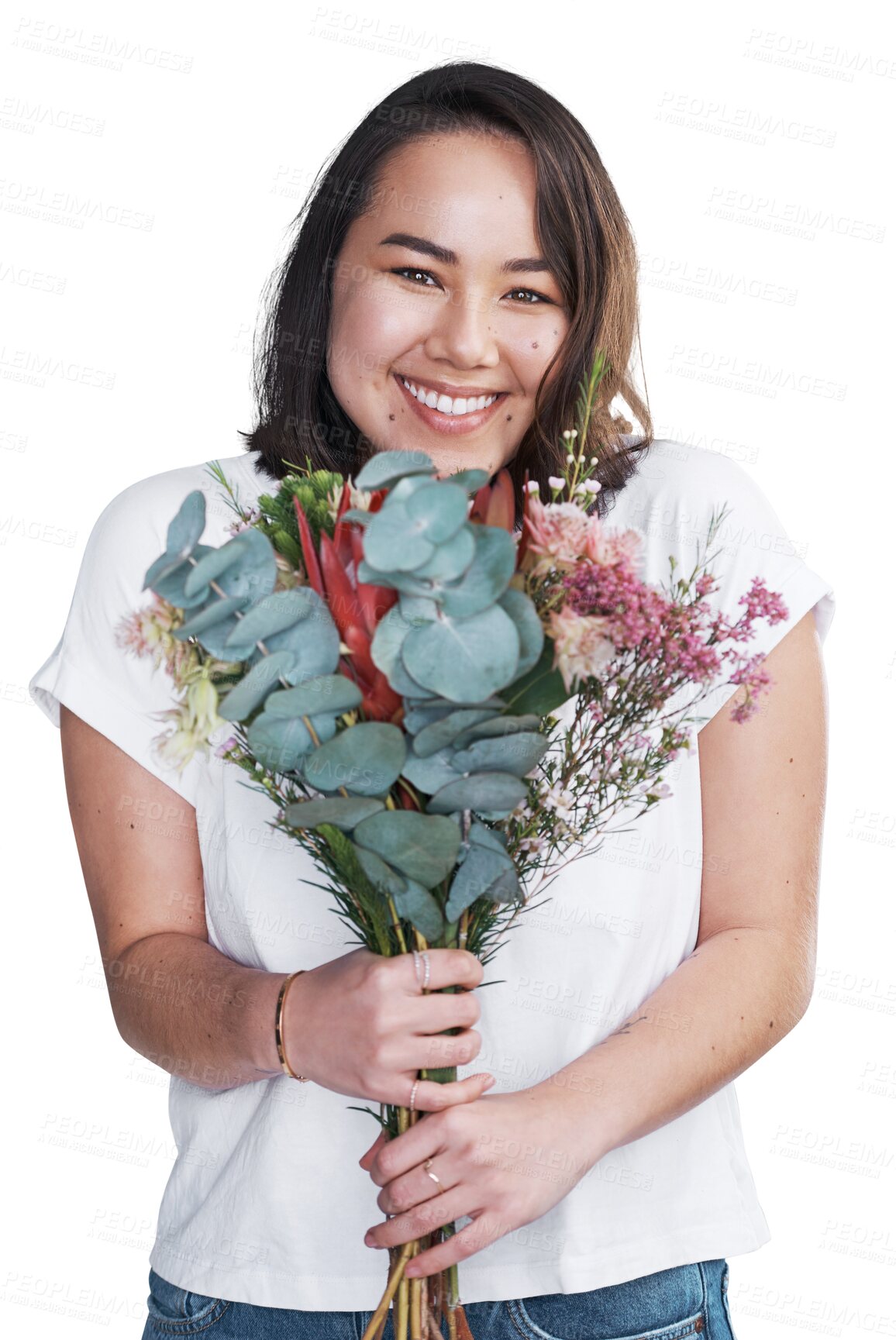 Buy stock photo Portrait, flowers and happiness with woman, bouquet and cheerful isolated on a transparent background. Face, person and model with beauty, smile and png with joy, natural gift and present with plants