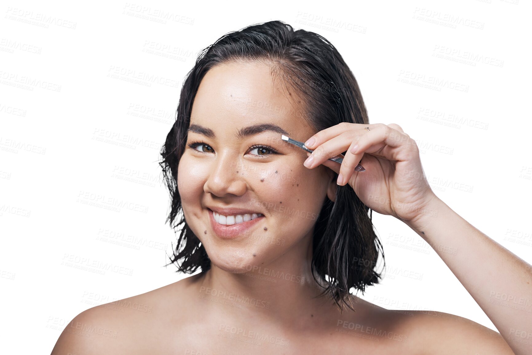 Buy stock photo Woman, beauty and smile in portrait, tweezers and grooming or isolated on transparent png background. Asian female person, face and happy for skincare, wellness and eyebrows and plucking hair or tool