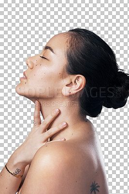 Buy stock photo Woman, beauty and natural or organic cosmetics, health and wellness or isolated on transparent png background. Asian female person, touch and skincare or relax, self care and dermatology or treatment