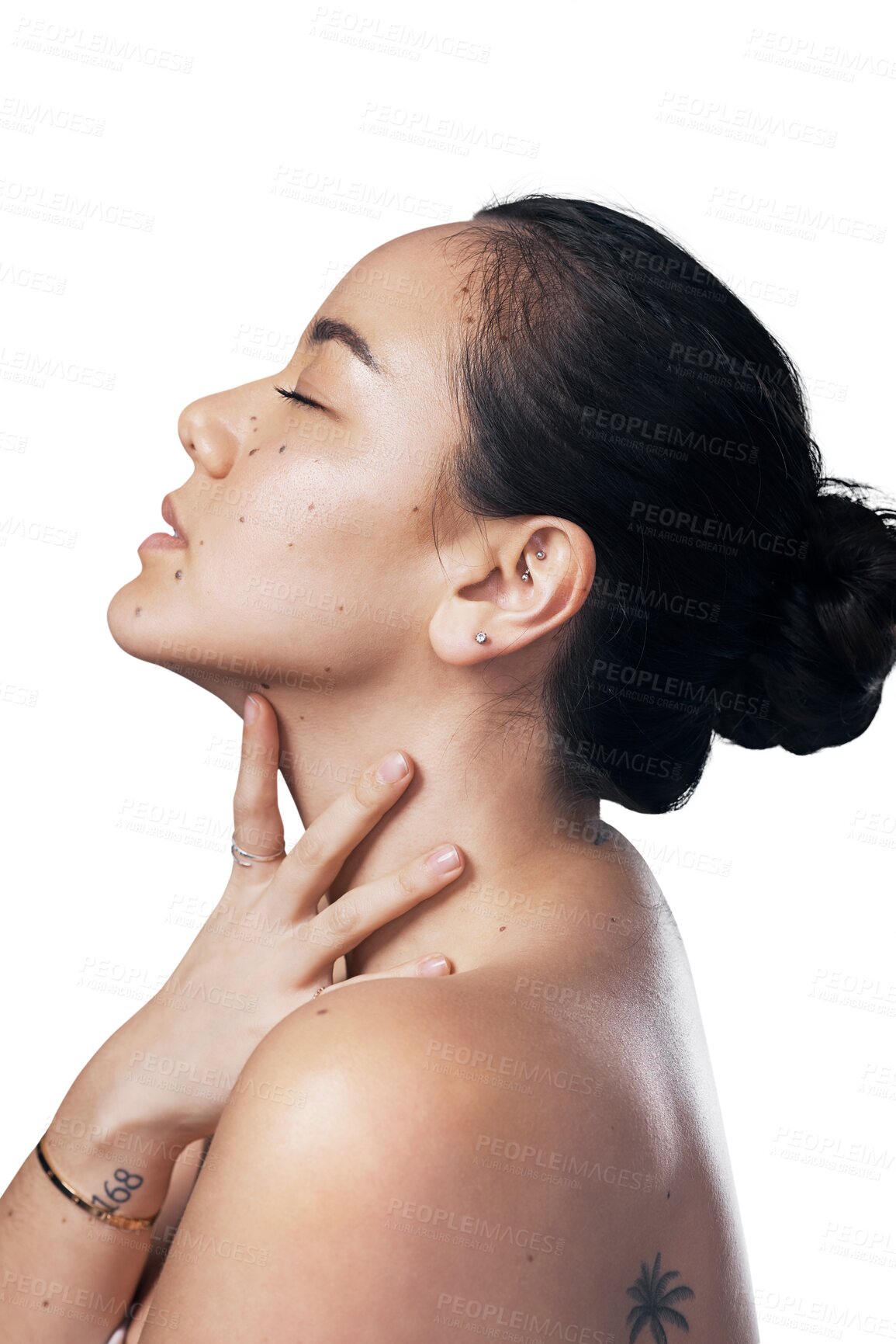 Buy stock photo Woman, beauty and natural or organic cosmetics, health and wellness or isolated on transparent png background. Asian female person, touch and skincare or relax, self care and dermatology or treatment